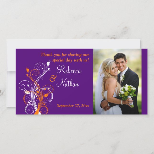 Purple, Orange, White Floral Wedding Photo Card 2 (Front)