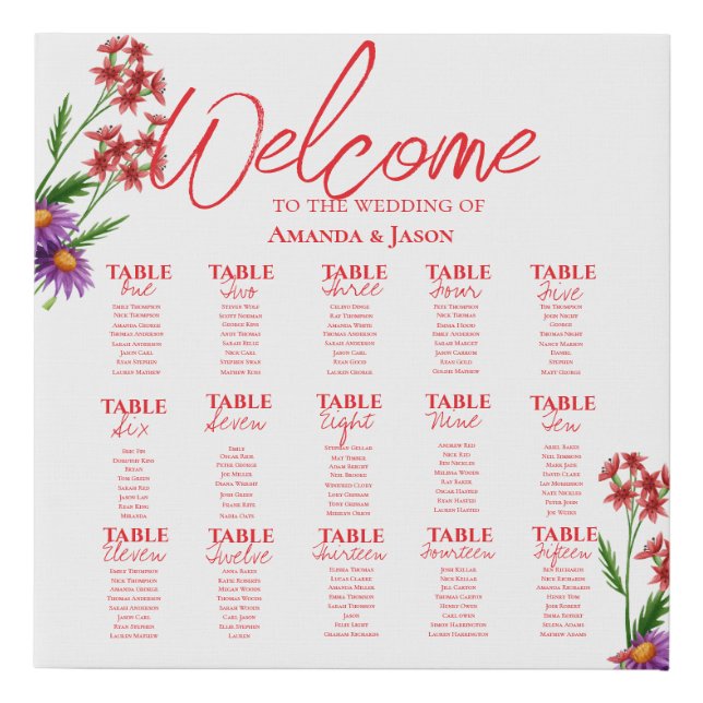 Purple Orange Wildflowers Wedding Seating Chart  Faux Canvas Print (Front)
