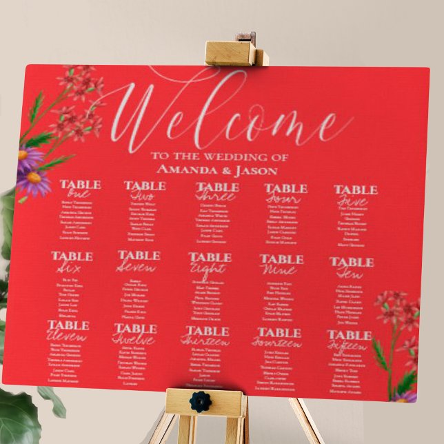 Purple Orange Wildflowers Wedding Seating Chart  Faux Canvas Print (Purple Orange Wildflowers Wedding Seating Chart Faux Canvas Print)