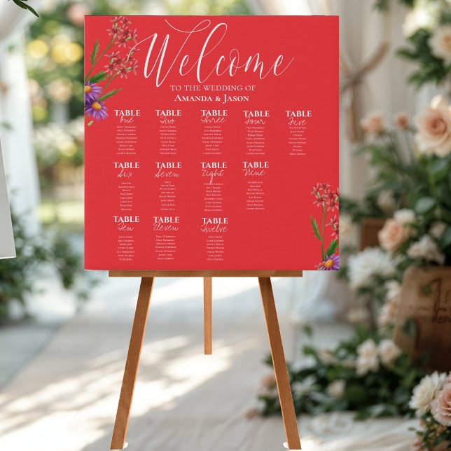 Purple Orange Wildflowers Wedding Seating Chart  Faux Canvas Print (Purple Orange Wildflowers Wedding Seating Chart Faux Canvas Print)