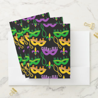 PURPLE ORANGE YELLOW MARDI GRAS MASKS & BEADS POCKET FOLDER