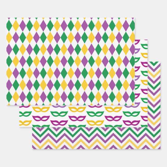 PURPLE ORANGE YELLOW MARDI GRAS THEME WRAPPING PAPER SHEETS (Set)
