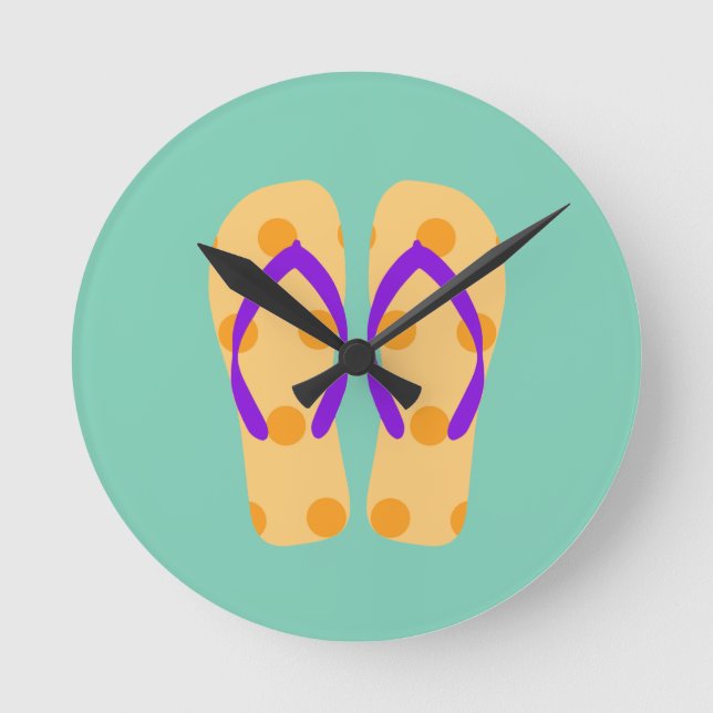 Purple Orange Yellow Summer Beach Theme Flip Flops Round Clock (Front)