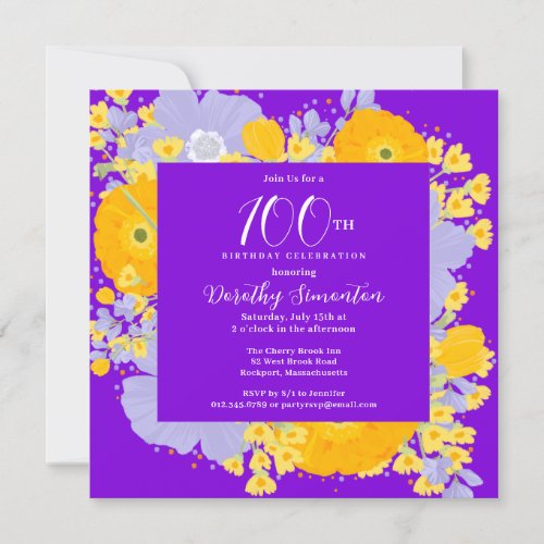 Purple Orange Yellow Wildflowers 100th Birthday Invitation