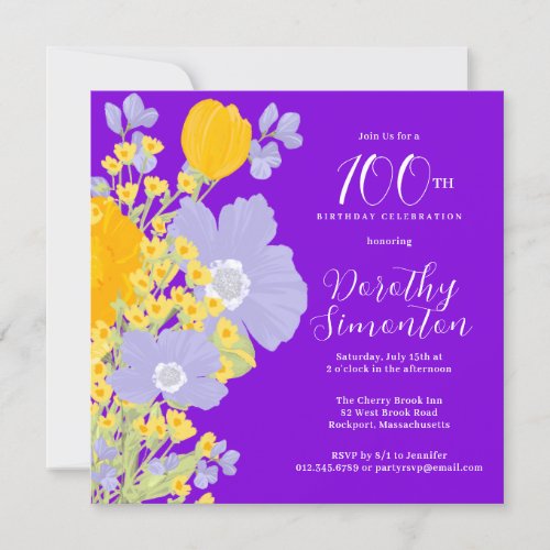 Purple Orange Yellow Wildflowers 100th Birthday Invitation