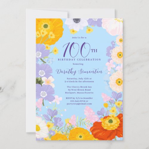 Purple Orange Yellow Wildflowers 100th Birthday Invitation