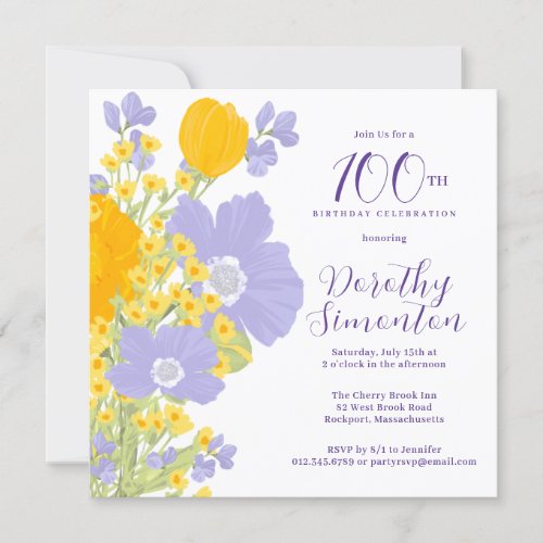 Purple Orange Yellow Wildflowers 100th Birthday Invitation