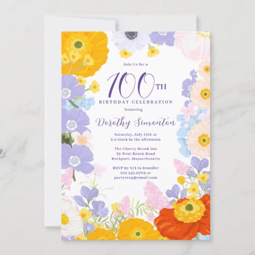 Purple Orange Yellow Wildflowers 100th Birthday Invitation