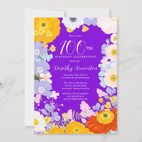 Purple Orange Yellow Wildflowers 100th Birthday Invitation