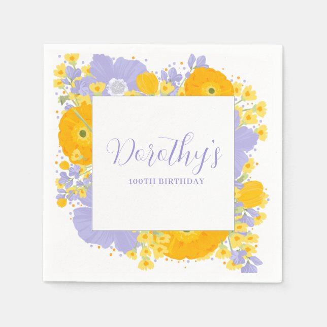 Purple Orange Yellow Wildflowers 100th Birthday Napkins (Front)