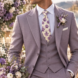 Purple Orchid and Clematis Floral on Ivory Neck Tie