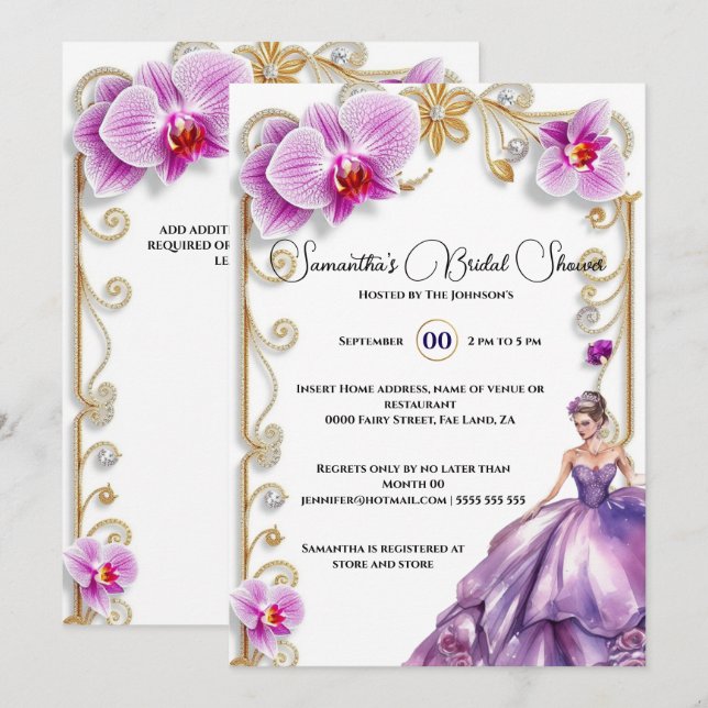 Purple orchid ballgown bride to be bridal shower invitation (Front/Back)