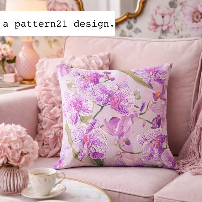 purple orchid floral pattern throw pillow (Soft lavender and pink orchid pillow brings romantic floral elegance to a cozy space)