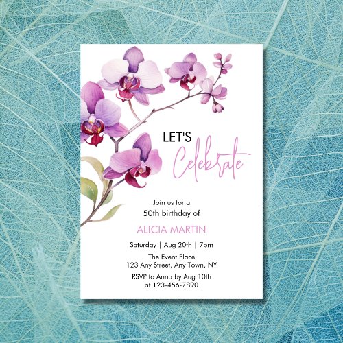 Purple Orchid Flower Blossom 50th Birthday Invitation