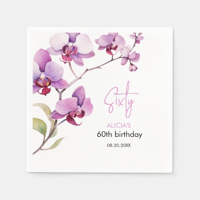 Purple Orchid Flower Blossom 60th Birthday Napkins (Front)