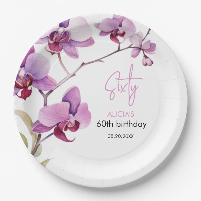 Purple Orchid Flower Blossom 60th Birthday Paper Plates (Front)