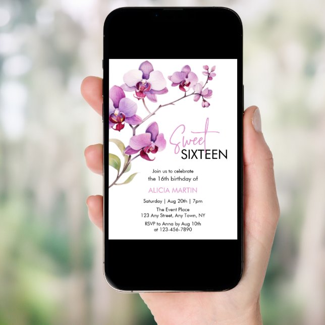 Purple Orchid Flower Blossom Sweet 16 Birthday Invitation (Front Digital)