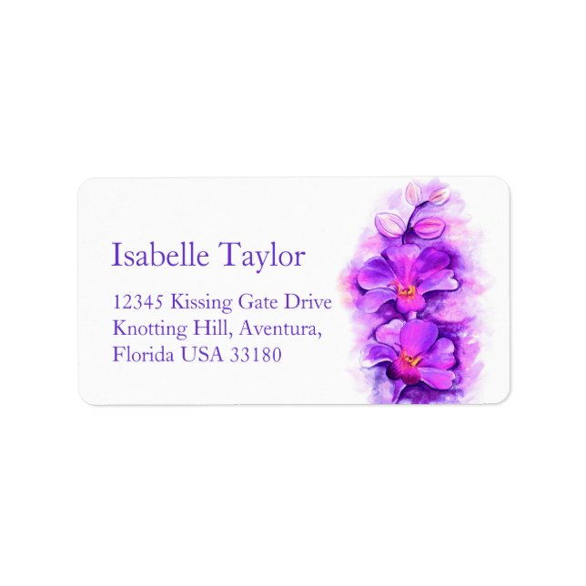 Purple Orchid flower wedding reply address label (Front)