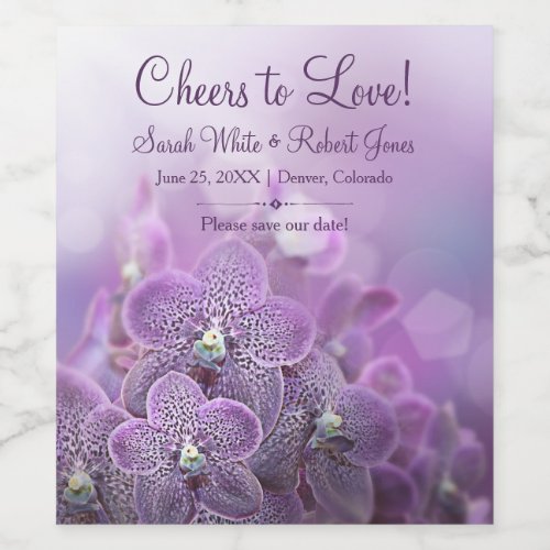 Purple orchid flower wedding save the date wine label