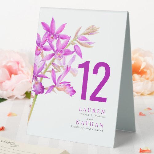 Purple orchid flower wedding table number table tent sign