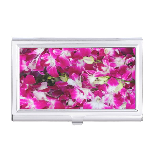 Purple orchid flowers background business card case (Front)