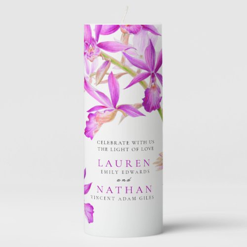 Purple orchid flowers watercolor botanical wedding pillar candle