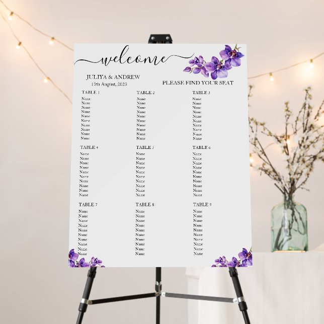  Purple Orchid flowers wedding Seating Chart  Foam Board (In Situ (Stand))