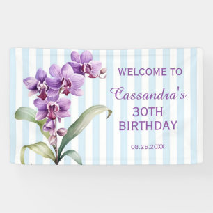 Purple Orchid Green Stripes Floral 30th Birthday Banner