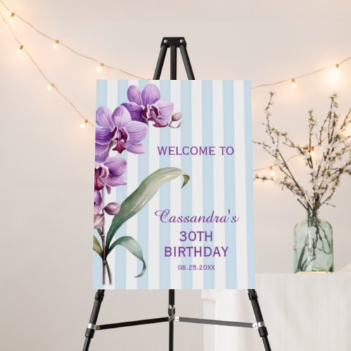 Purple Orchid Green Stripes Floral 30th Birthday  Foam Board