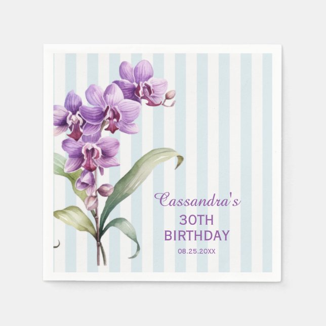 Purple Orchid Green Stripes Floral 30th Birthday  Napkins (Front)