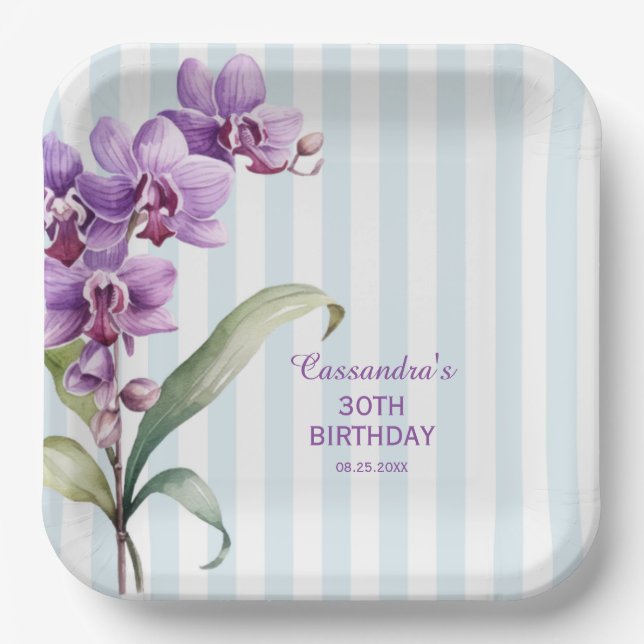 Purple Orchid Green Stripes Floral 30th Birthday  Paper Plates (Front)