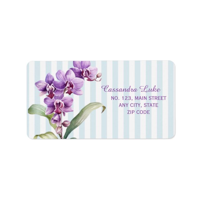 Purple Orchid Green Stripes Floral Birthday Label (Front)