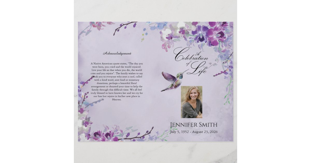 Purple Orchid Hummingbird Funeral Program Flyer | Zazzle