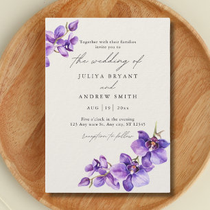 Purple Orchid in Cream script wedding Invitation