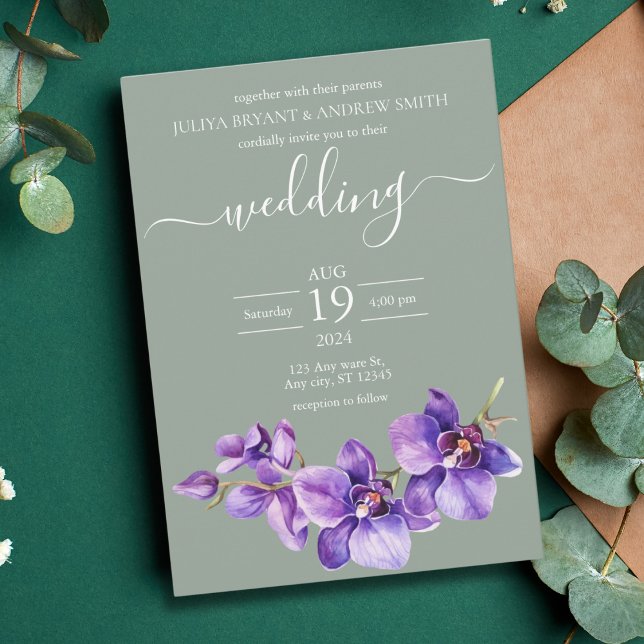 Purple Orchid in sea green Script wedding Invitation (Creator Uploaded)