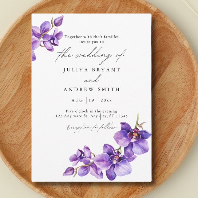 Purple Orchid in white script wedding Invitation (Creator Uploaded)