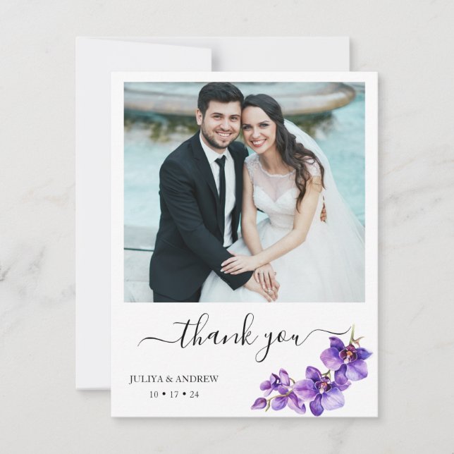 Purple Orchid in  White script wedding  Thank You Card (Front)
