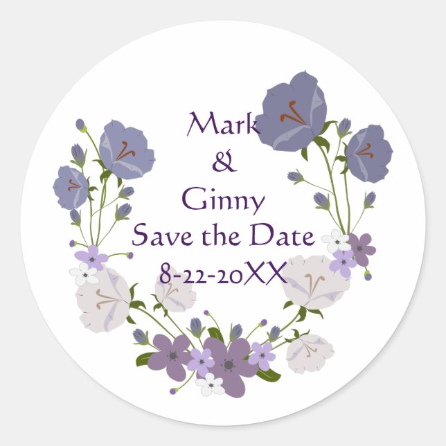 Purple Orchid Lavender Flower Wreath Save the Date Classic Round Sticker (Front)