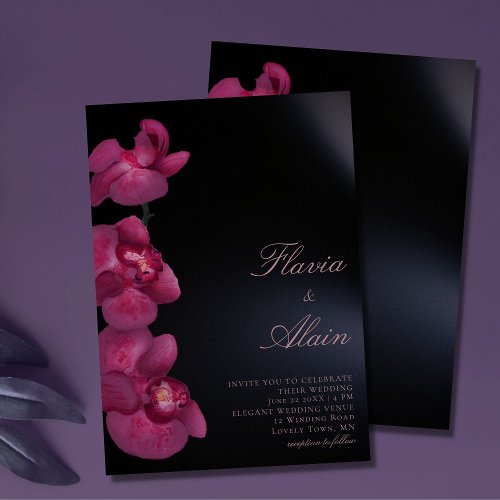 Purple Orchid Moody Dark Calligraphy Chic Wedding Invitation