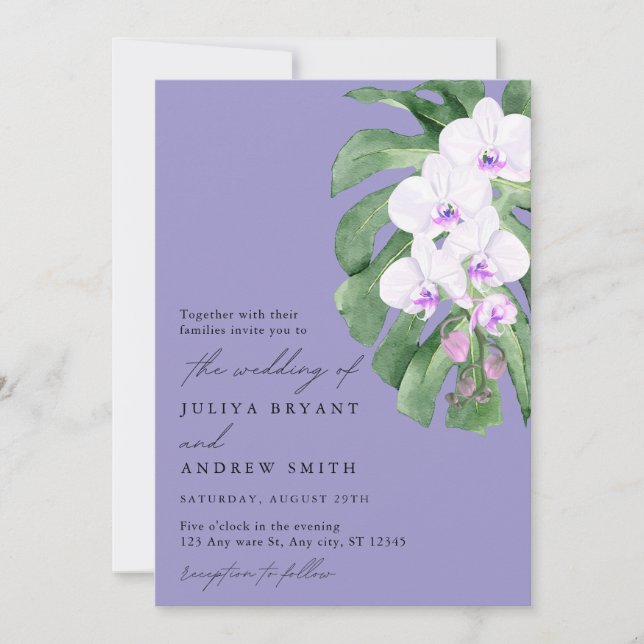 Purple Orchid on Tropical leaf script wedding Invitation (Front)