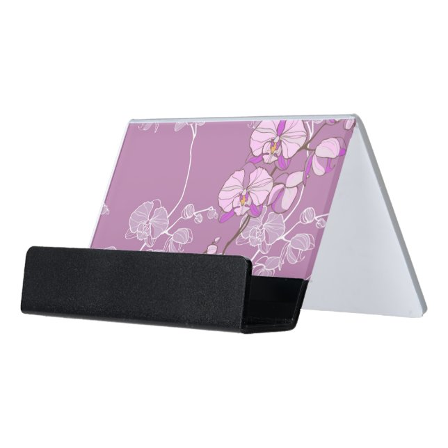 Purple Orchid Pattern Desk Business Card Holder (Angled Front)