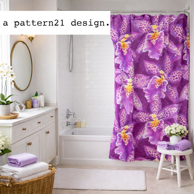 Purple orchid pattern shower curtain (Vibrant orchid blooms bring tropical color to a fresh spa-style bathroom retreat.)