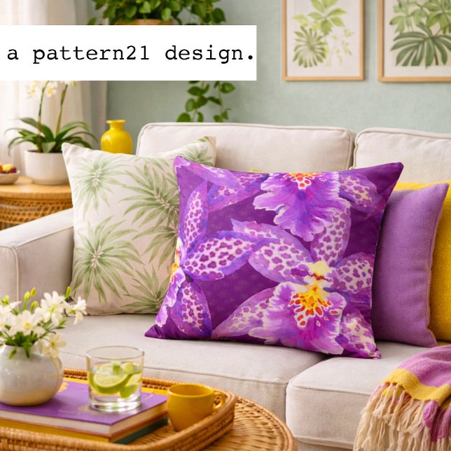 Purple orchid pattern throw pillow (purple tropical orchid pillow)