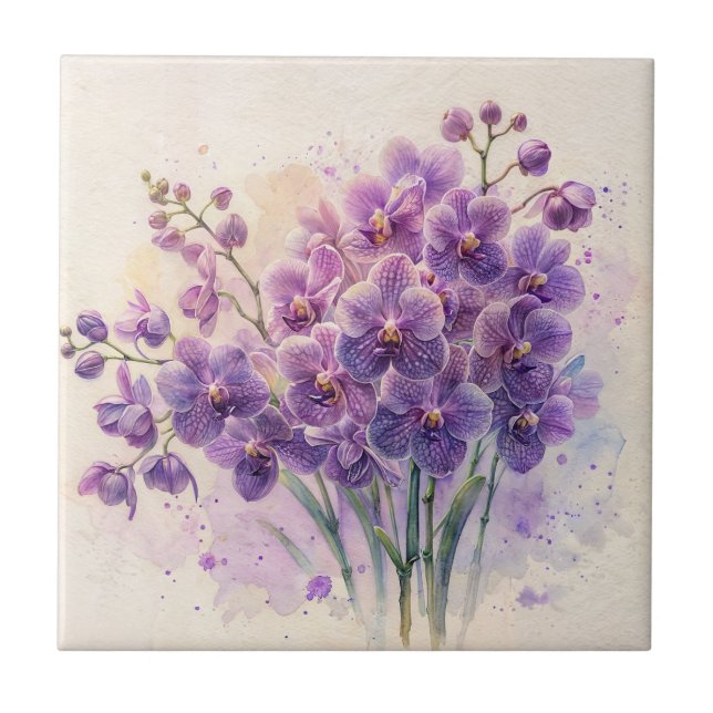Purple Orchid Phalaenopsis Watercolor Art Ceramic Tile (Front)
