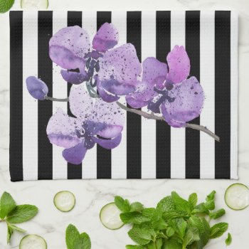 Purple Orchid Stripe Watercolor Flower Kitchen Towel by Lovewhatwedo at Zazzle