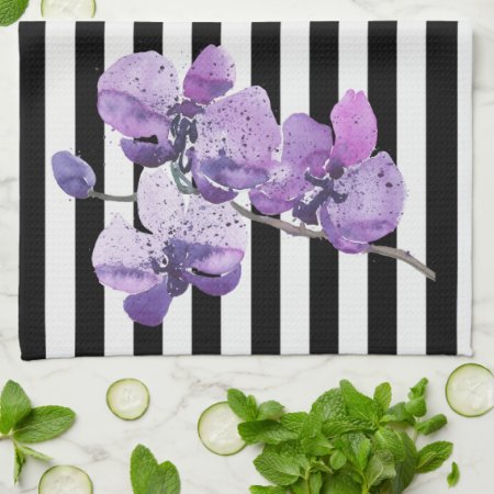 Purple Orchid Stripe Watercolor Flower Kitchen Towel