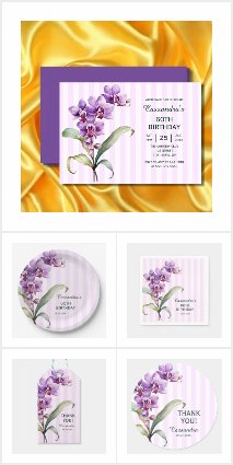 Purple Orchid Stripes Floral Birthday 