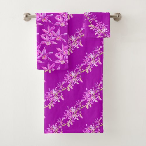 Purple orchid watercolor art wedding bath towel set
