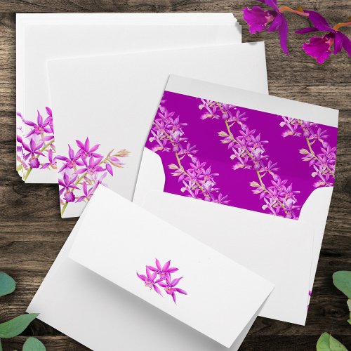 Purple orchid watercolor botanical pattern wedding envelope