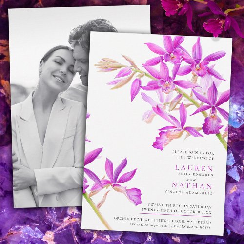 Purple orchid watercolor botanical wedding photo invitation